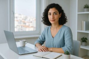 Η Θάλεια Σαββίδη, δημοσιογράφος και ιδρύτρια του Verified Wellness, σε μοντέρνο γραφείο στην Αθήνα - αυθεντική προσέγγιση στην υγεία και ευεξία